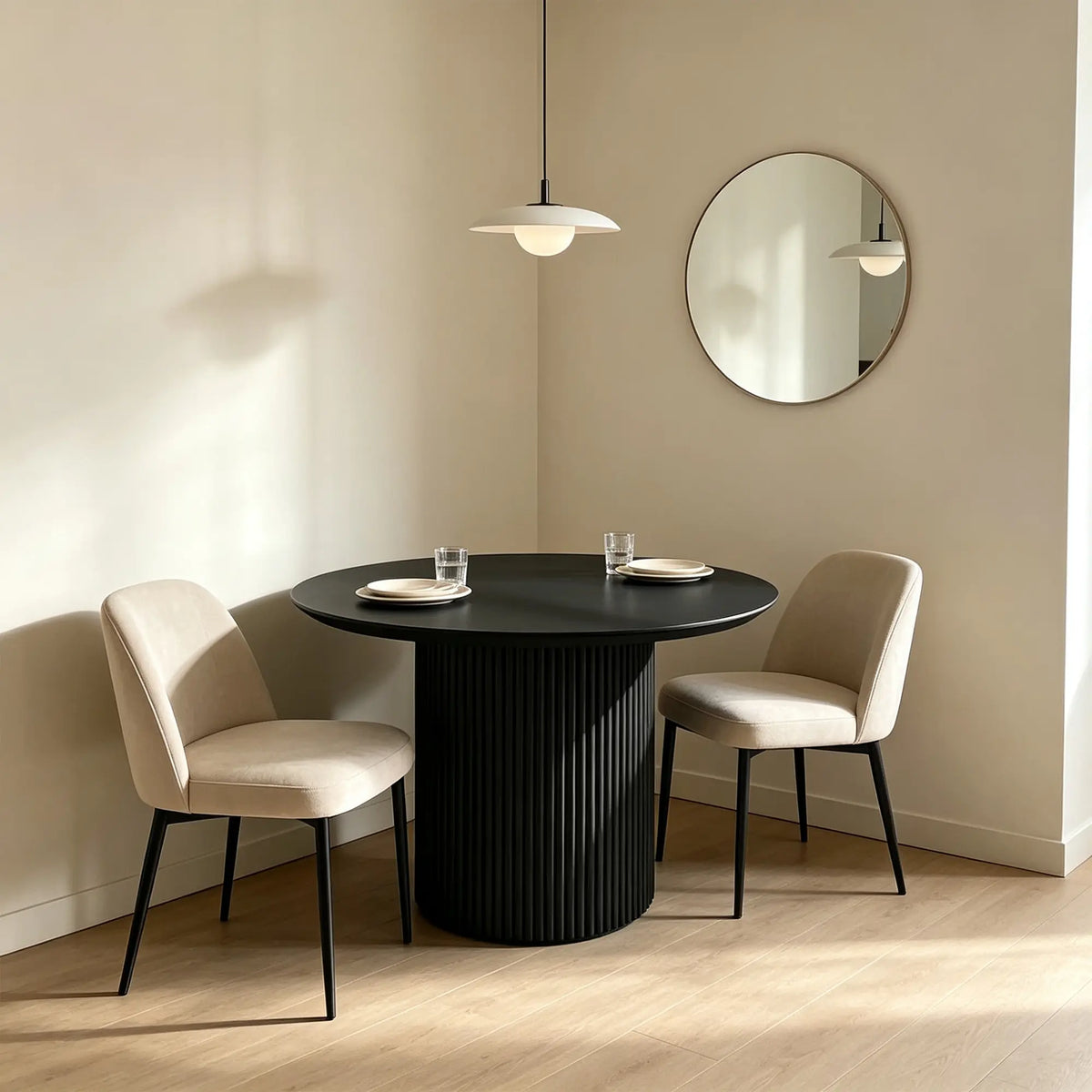LIVARA Compact Round Dining Table Solid Wood Top Space Saving Pedestal Base for Small Dining Room Apartment Lounge - Black