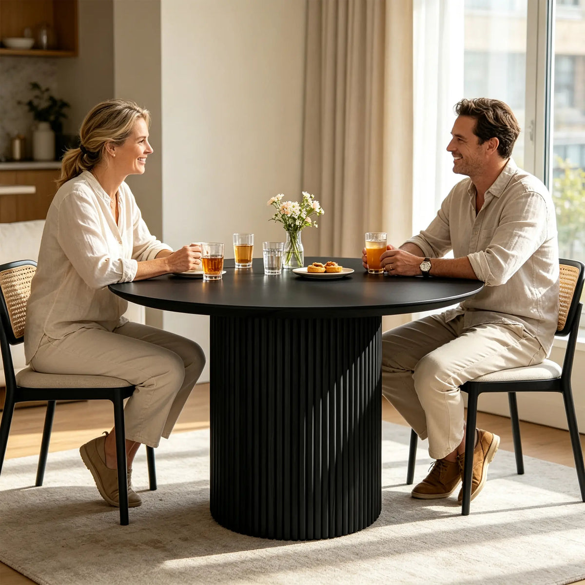 LIVARA Compact Round Dining Table Solid Wood Top Space Saving Pedestal Base for Small Dining Room Apartment Lounge - Black