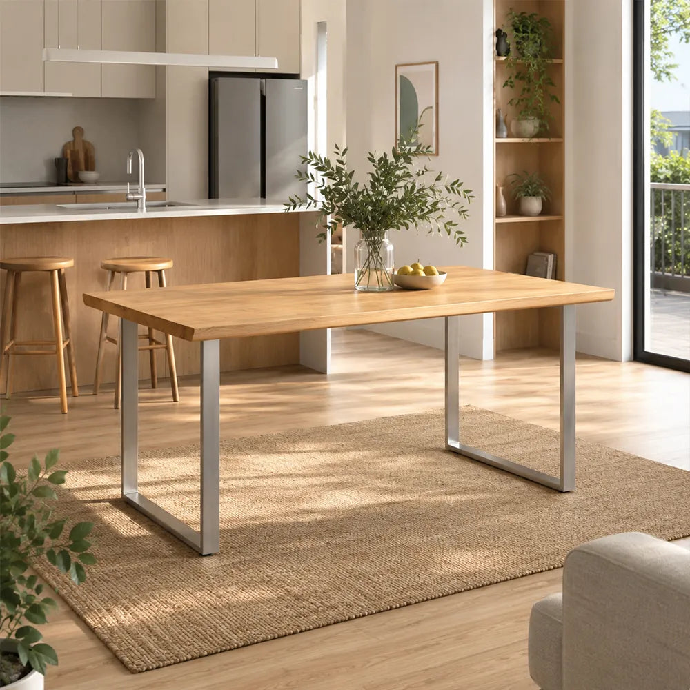 LIVARA 140/160cm Solid Pine Wood Dining Table with 4.6cm Thick Tabletop, Modern Rectangular Table with Matte Carbon Steel U Shaped Legs - Natural Wood & Silver