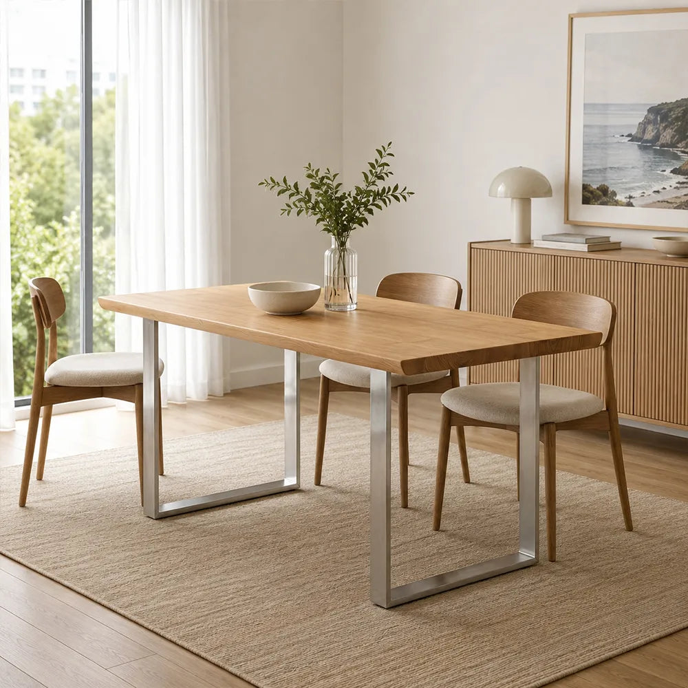 LIVARA 140/160cm Solid Pine Wood Dining Table with 4.6cm Thick Tabletop, Modern Rectangular Table with Matte Carbon Steel U Shaped Legs - Natural Wood & Silver