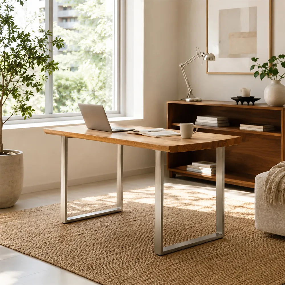 LIVARA 140/160cm Solid Pine Wood Dining Table with 4.6cm Thick Tabletop, Modern Rectangular Table with Matte Carbon Steel U Shaped Legs - Natural Wood & Silver