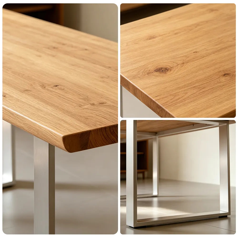 LIVARA 140/160cm Solid Pine Wood Dining Table with 4.6cm Thick Tabletop, Modern Rectangular Table with Matte Carbon Steel U Shaped Legs - Natural Wood & Silver