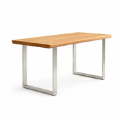 LIVARA 140/160cm Solid Pine Wood Dining Table with 4.6cm Thick Tabletop, Modern Rectangular Table with Matte Carbon Steel U Shaped Legs - Natural Wood & Silver