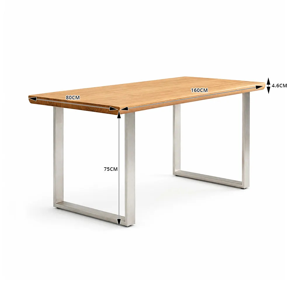 LIVARA 140/160cm Solid Pine Wood Dining Table with 4.6cm Thick Tabletop, Modern Rectangular Table with Matte Carbon Steel U Shaped Legs - Natural Wood & Silver