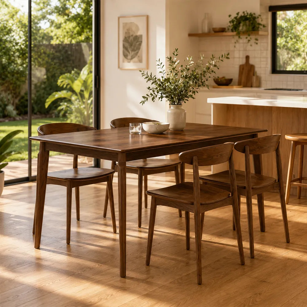 LIVARA 130cm Solid Oak Dining Table, Modern Rectangular Kitchen Table with Wide Plank Top and Sturdy Solid Wood Legs - Dark Walnut