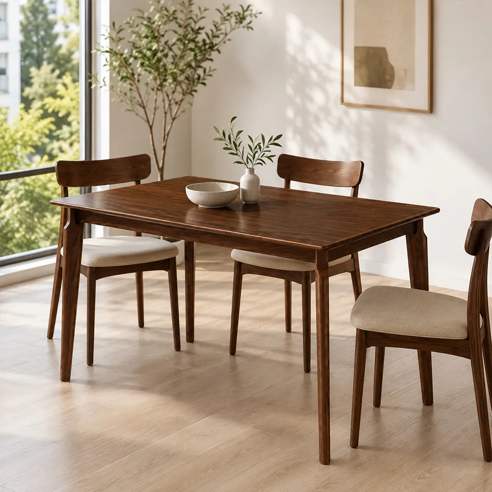 LIVARA 130cm Solid Oak Dining Table, Modern Rectangular Kitchen Table with Wide Plank Top and Sturdy Solid Wood Legs - Dark Walnut