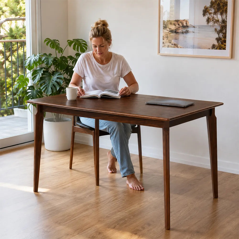 LIVARA 130cm Solid Oak Dining Table, Modern Rectangular Kitchen Table with Wide Plank Top and Sturdy Solid Wood Legs - Dark Walnut