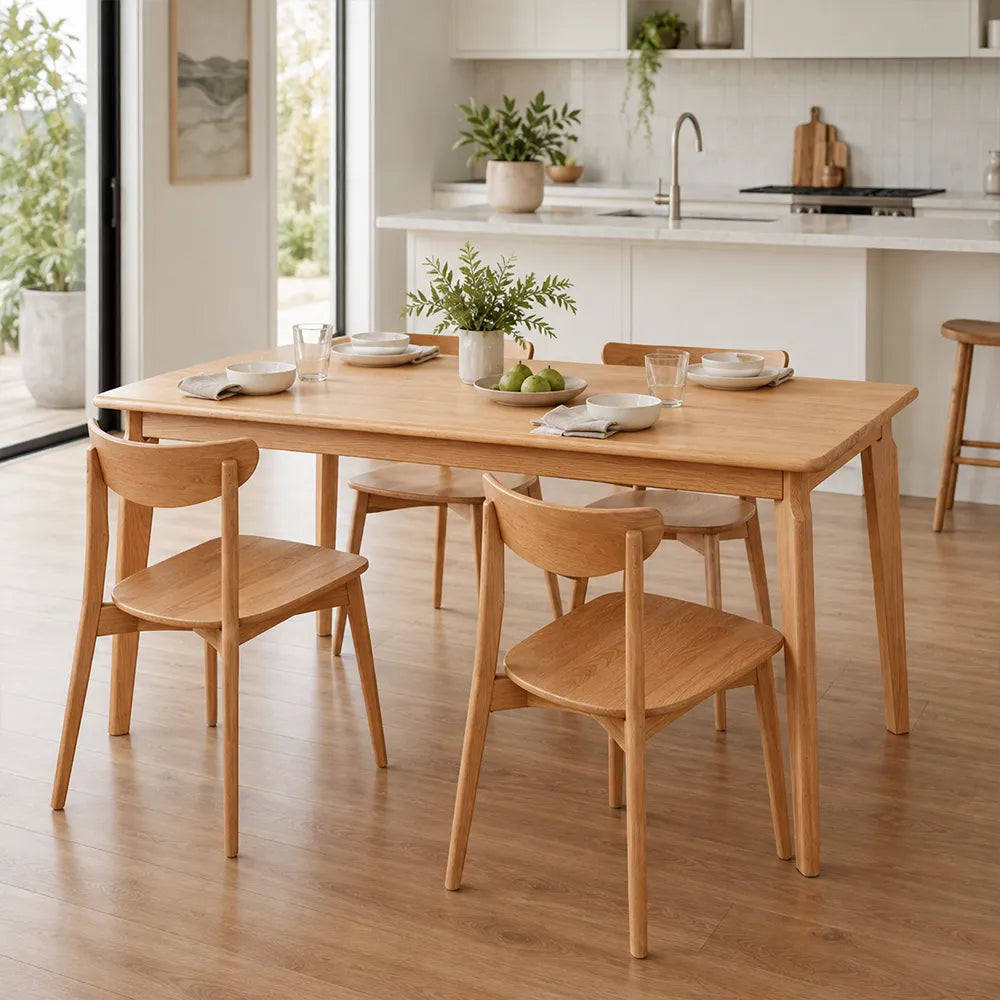 LIVARA 130cm Solid Oak Dining Table, Modern Rectangular Kitchen Table with Wide Plank Top and Sturdy Solid Wood Legs - Wood