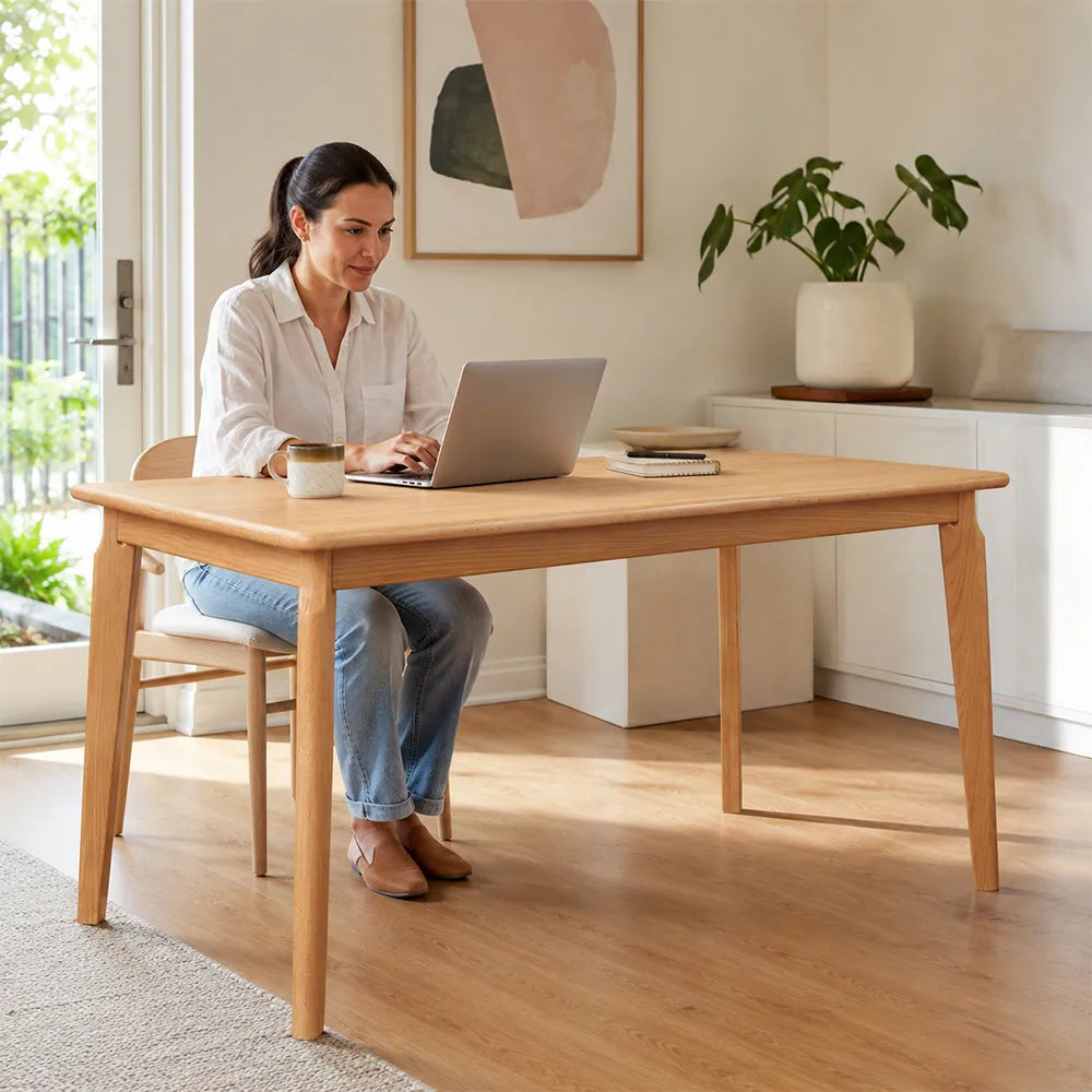 LIVARA 130cm Solid Oak Dining Table, Modern Rectangular Kitchen Table with Wide Plank Top and Sturdy Solid Wood Legs - Wood