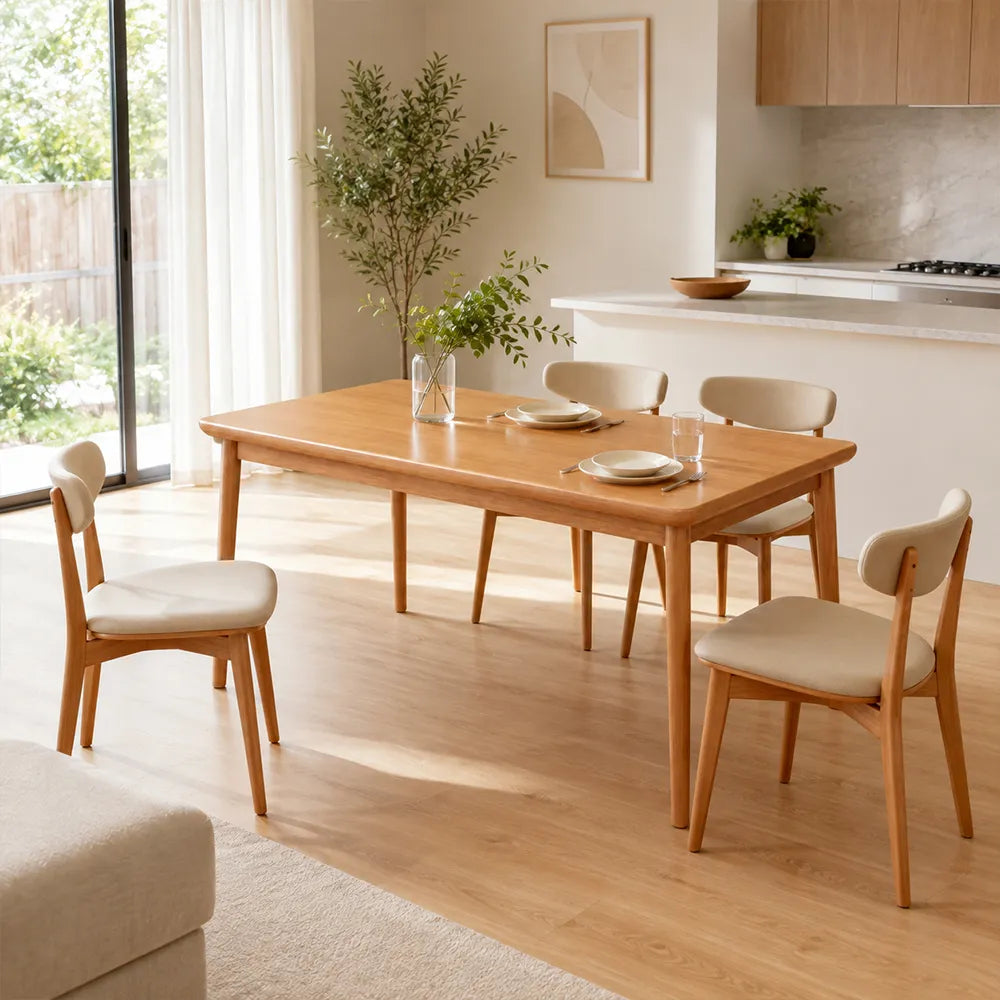 LIVARA 150/160cm Solid Rubberwood Dining Table, Modern Rectangular Kitchen Table with 20mm Thick Top, Rounded Corners and Sturdy Wood Legs - Cherry Wood