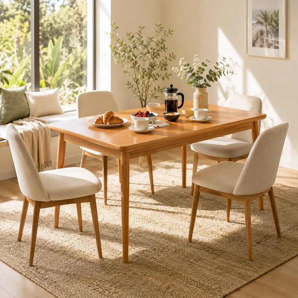 LIVARA 150/160cm Solid Rubberwood Dining Table, Modern Rectangular Kitchen Table with 20mm Thick Top, Rounded Corners and Sturdy Wood Legs - Cherry Wood
