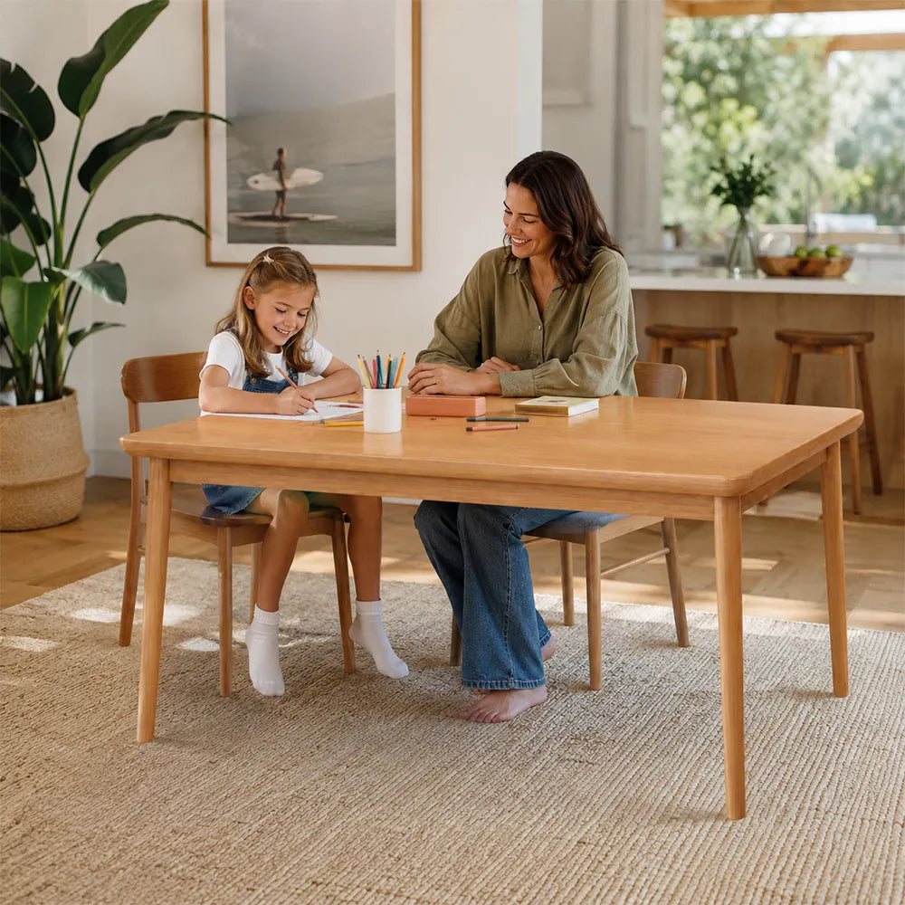 LIVARA 150/160cm Solid Rubberwood Dining Table, Modern Rectangular Kitchen Table with 20mm Thick Top, Rounded Corners and Sturdy Wood Legs - Cherry Wood