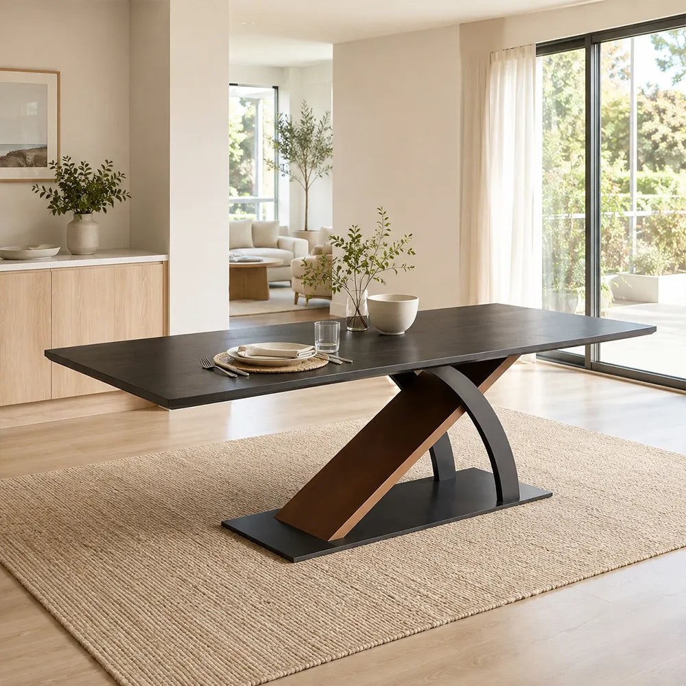 LUXORA 140/160cm Solid New Zealand Pine Wood Dining Table, Modern Rectangular Table with Wood Wax Oil Finish and Carbon Steel Legs - Dark Wood & Black