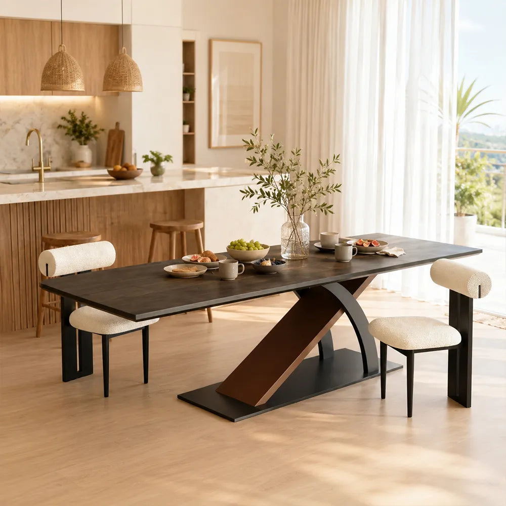 LUXORA 140/160cm Solid New Zealand Pine Wood Dining Table, Modern Rectangular Table with Wood Wax Oil Finish and Carbon Steel Legs - Dark Wood & Black