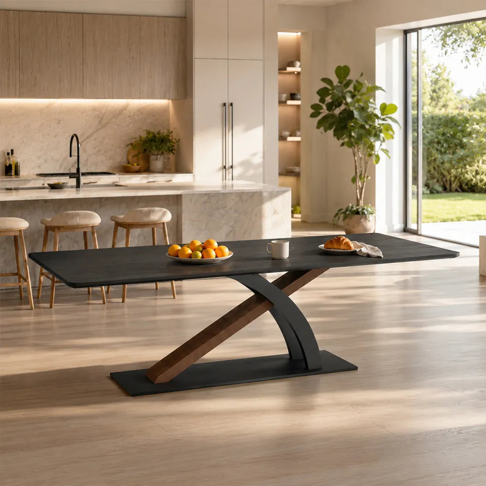 LUXORA 140/160cm Solid New Zealand Pine Wood Dining Table, Modern Rectangular Table with Wood Wax Oil Finish and Carbon Steel Legs - Dark Wood & Black