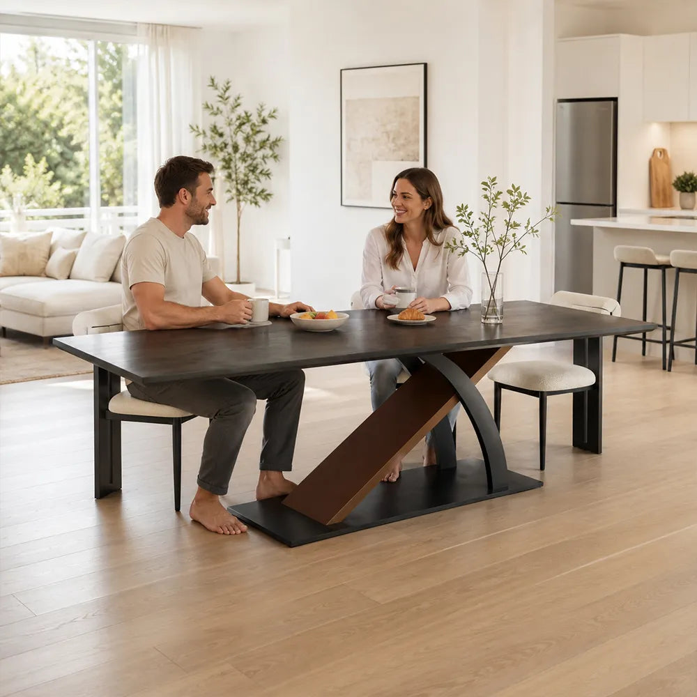 LUXORA 140/160cm Solid New Zealand Pine Wood Dining Table, Modern Rectangular Table with Wood Wax Oil Finish and Carbon Steel Legs - Dark Wood & Black