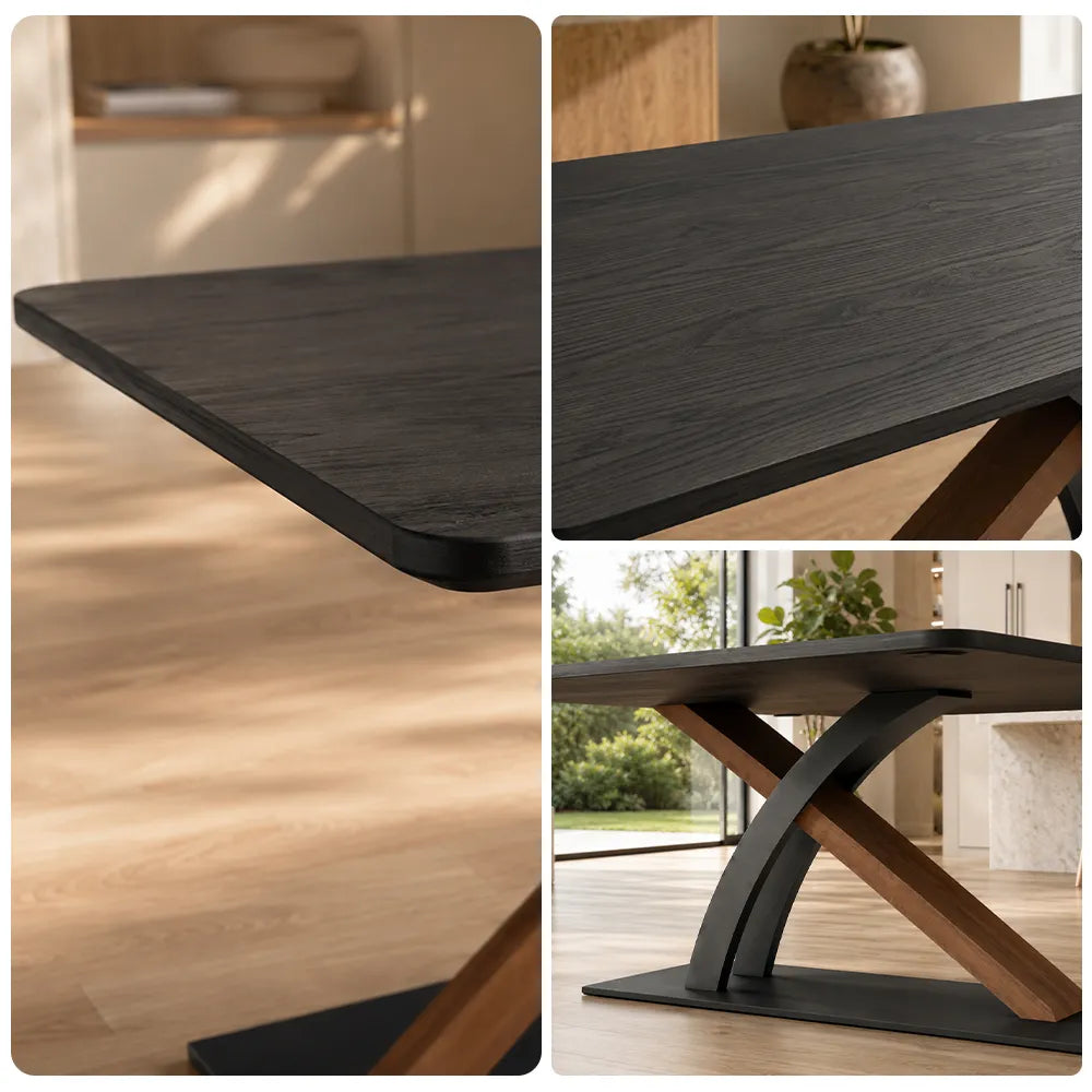 LUXORA 140/160cm Solid New Zealand Pine Wood Dining Table, Modern Rectangular Table with Wood Wax Oil Finish and Carbon Steel Legs - Dark Wood & Black