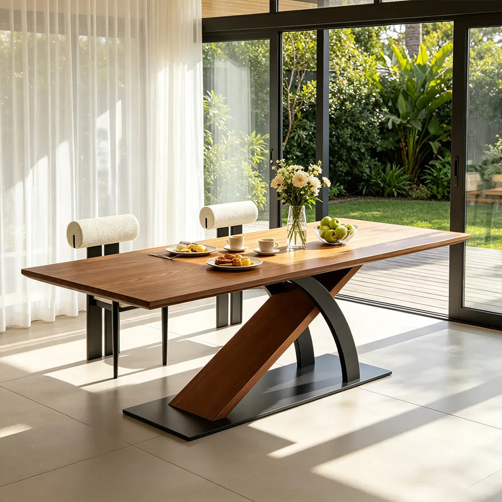 LUXORA 140/160cm Solid New Zealand Pine Wood Dining Table, Modern Rectangular Table with Wood Wax Oil Finish and Carbon Steel Legs - Walnut & Black