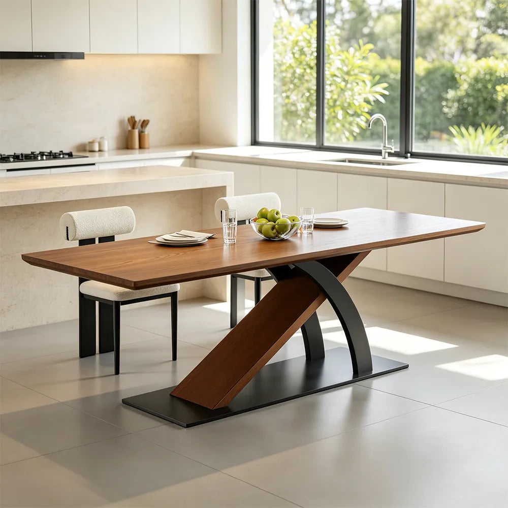 LUXORA 140/160cm Solid New Zealand Pine Wood Dining Table, Modern Rectangular Table with Wood Wax Oil Finish and Carbon Steel Legs - Walnut & Black