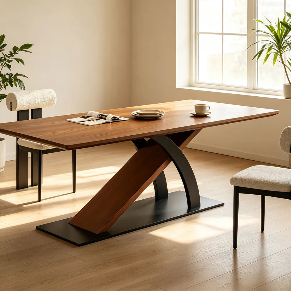 LUXORA 140/160cm Solid New Zealand Pine Wood Dining Table, Modern Rectangular Table with Wood Wax Oil Finish and Carbon Steel Legs - Walnut & Black