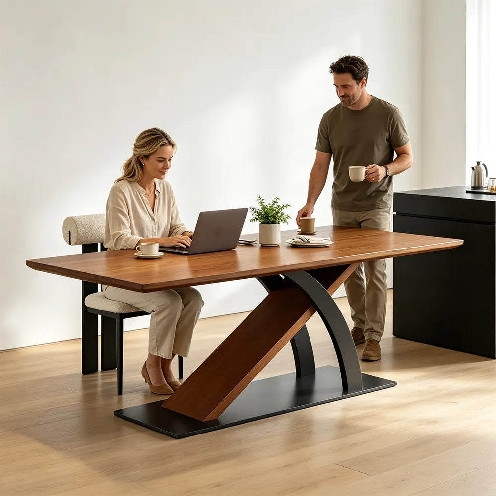 LUXORA 140/160cm Solid New Zealand Pine Wood Dining Table, Modern Rectangular Table with Wood Wax Oil Finish and Carbon Steel Legs - Walnut & Black
