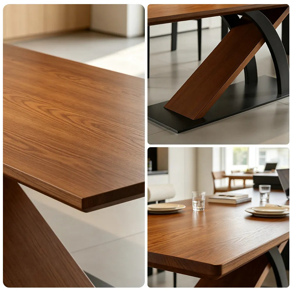 LUXORA 140/160cm Solid New Zealand Pine Wood Dining Table, Modern Rectangular Table with Wood Wax Oil Finish and Carbon Steel Legs - Walnut & Black