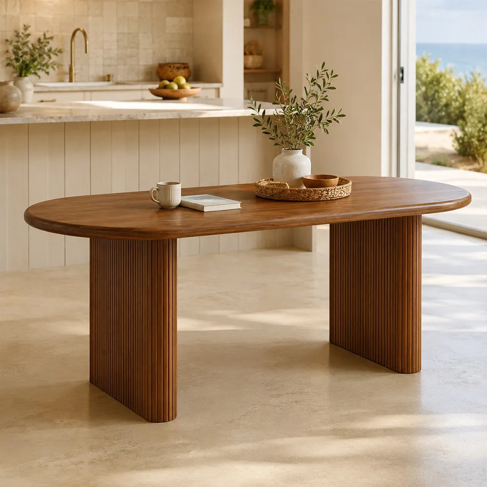LUXORA 120/140cm Solid Pine Wood Dining Table, Modern Rectangular Kitchen Table with Rounded Edges and Fluted Panel Legs - Walnut
