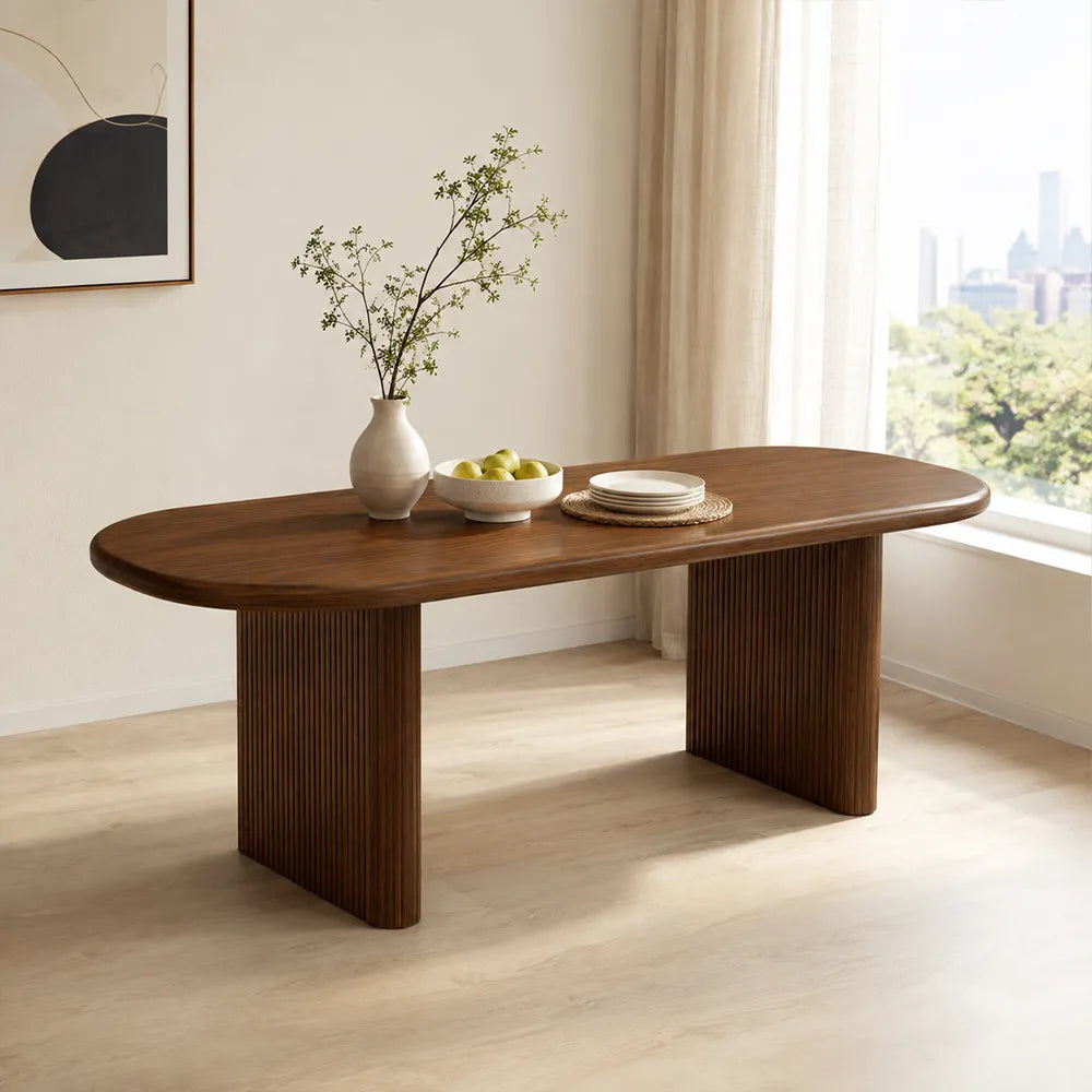 LUXORA 120/140cm Solid Pine Wood Dining Table, Modern Rectangular Kitchen Table with Rounded Edges and Fluted Panel Legs - Walnut