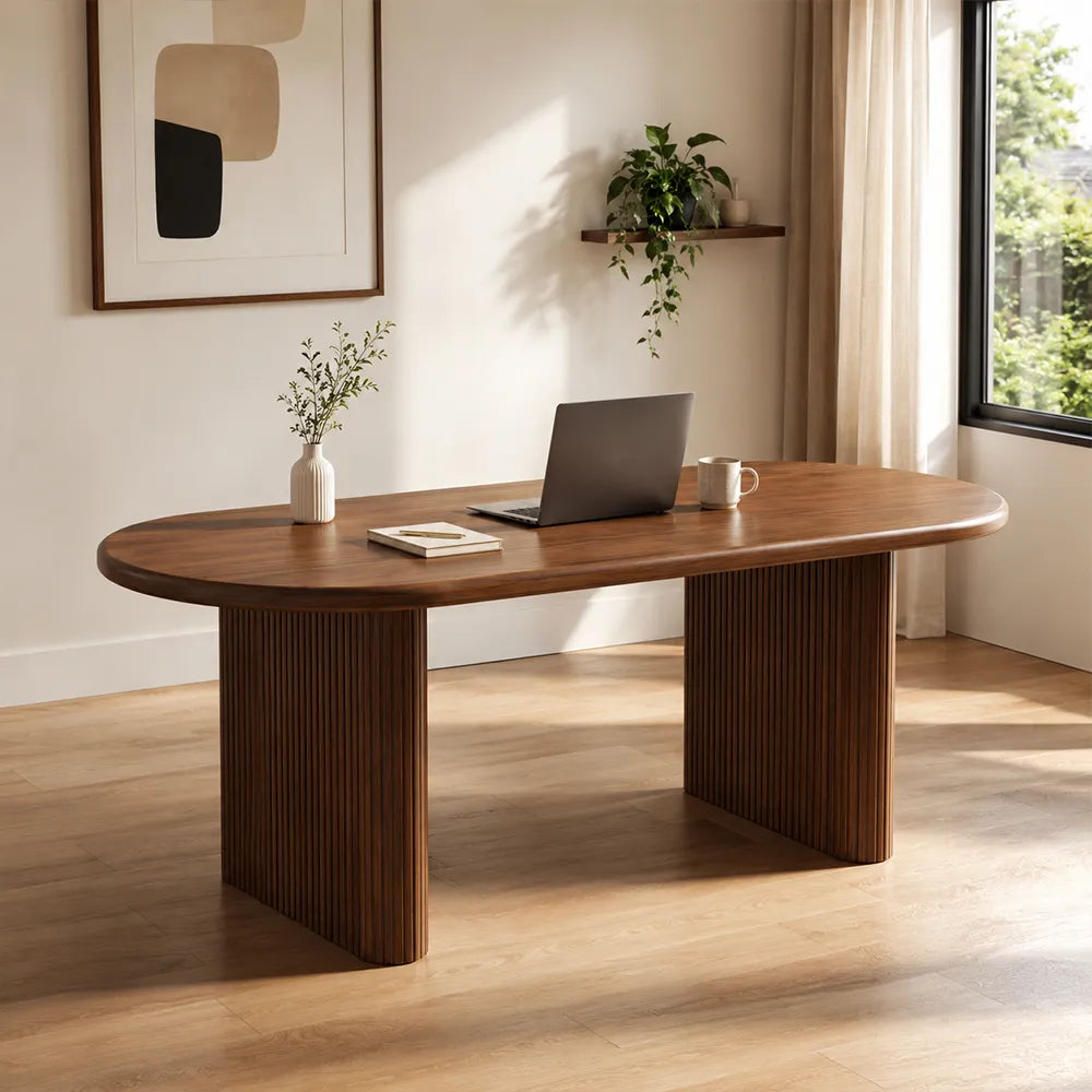 LUXORA 120/140cm Solid Pine Wood Dining Table, Modern Rectangular Kitchen Table with Rounded Edges and Fluted Panel Legs - Walnut