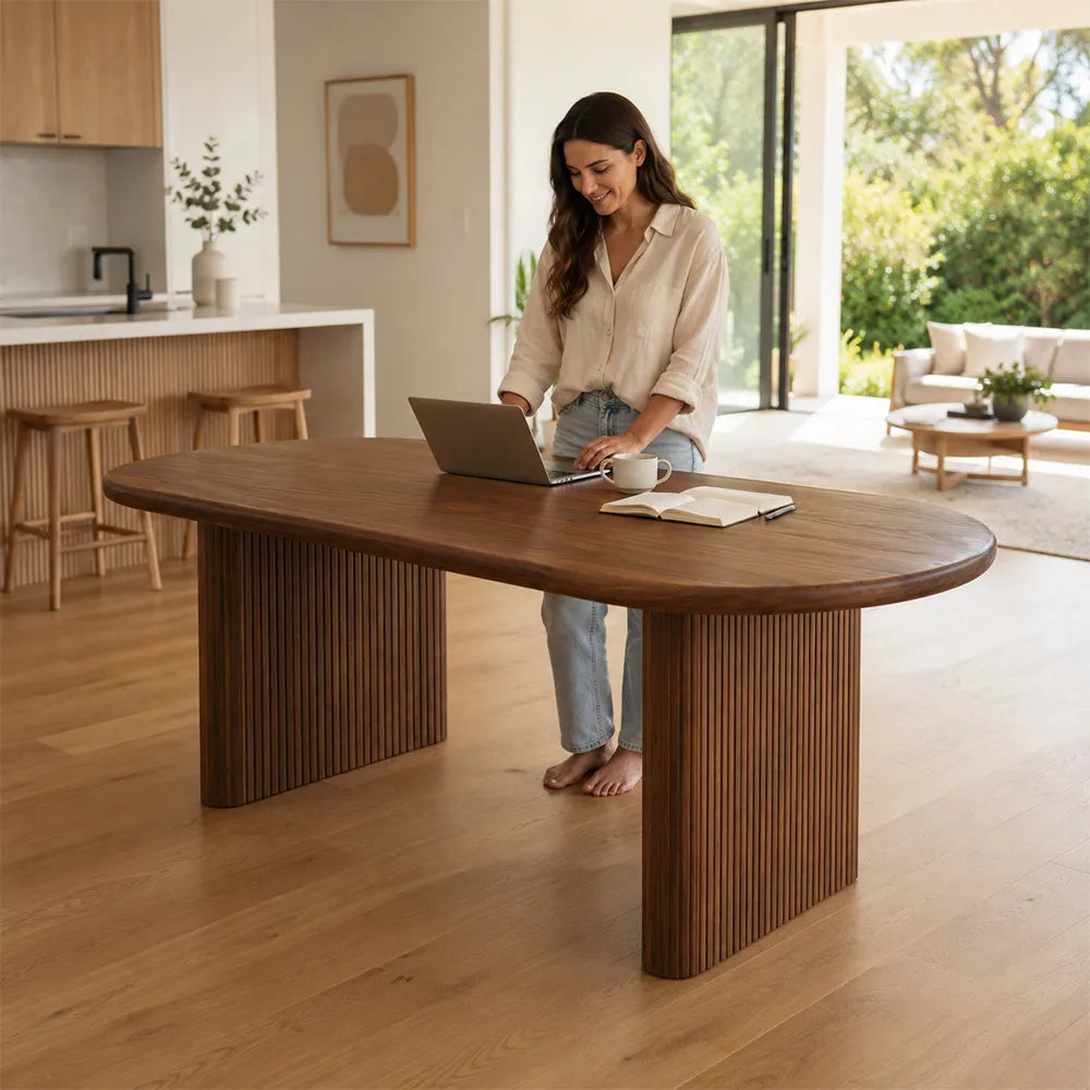 LUXORA 120/140cm Solid Pine Wood Dining Table, Modern Rectangular Kitchen Table with Rounded Edges and Fluted Panel Legs - Walnut