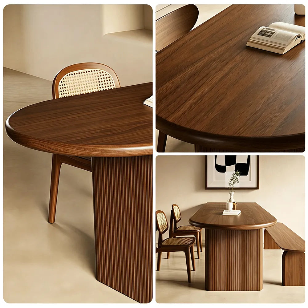 LUXORA 120/140cm Solid Pine Wood Dining Table, Modern Rectangular Kitchen Table with Rounded Edges and Fluted Panel Legs - Walnut