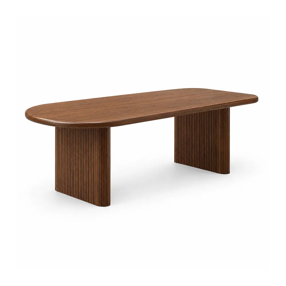LUXORA 120/140cm Solid Pine Wood Dining Table, Modern Rectangular Kitchen Table with Rounded Edges and Fluted Panel Legs - Walnut