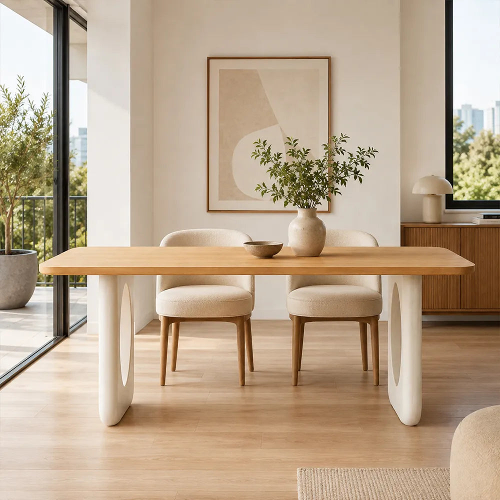 LIVARA 140/160cm Solid Rubberwood Dining Table, Modern Rectangular Kitchen Table with Rounded Edges and Oval Openwork Panel Legs - Natural