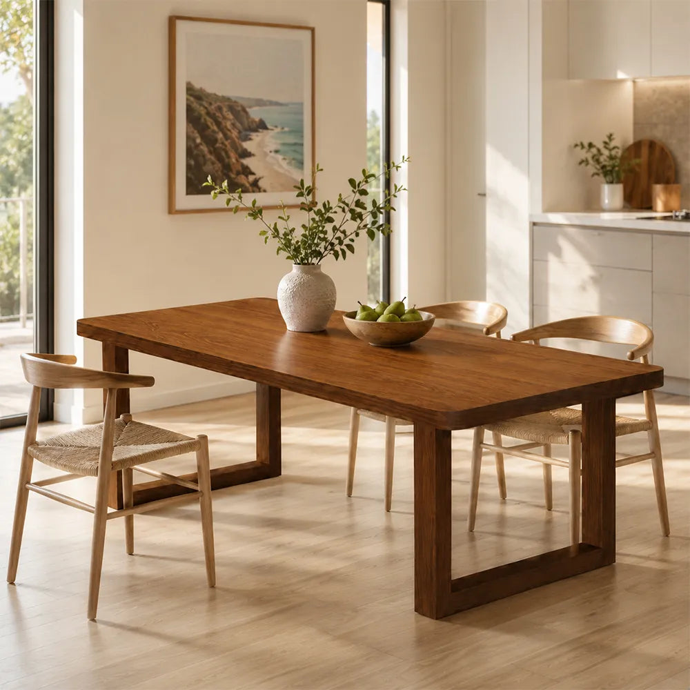LIVARA 140/160cm Solid New Zealand Pine Wood Dining Table, Modern Rectangular Kitchen Table with 5cm Thick Top and U Shaped Wooden Legs - Walnut