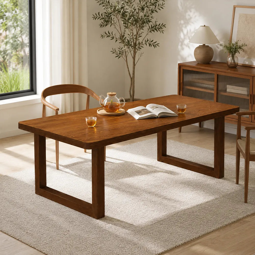 LIVARA 140/160cm Solid New Zealand Pine Wood Dining Table, Modern Rectangular Kitchen Table with 5cm Thick Top and U Shaped Wooden Legs - Walnut
