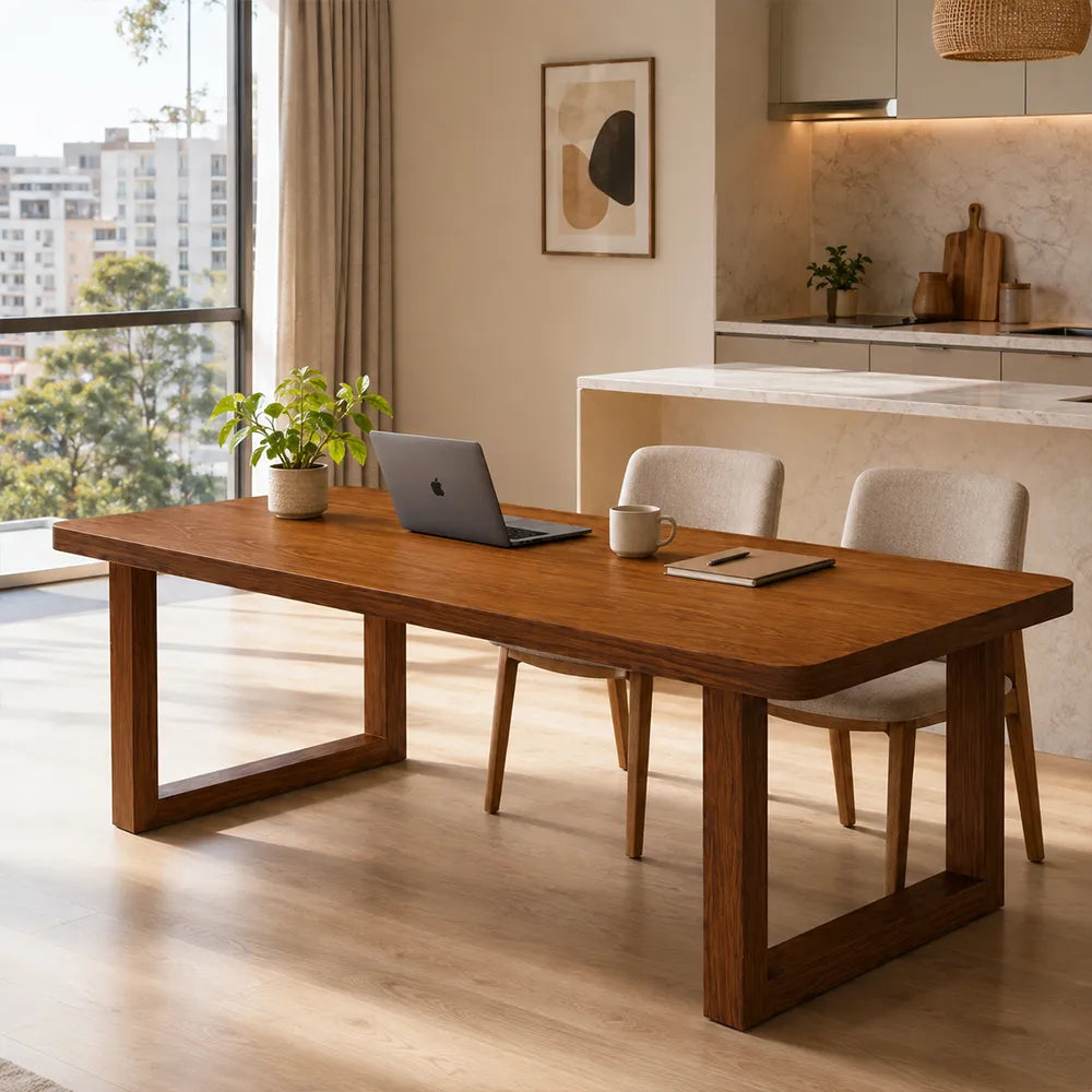 LIVARA 140/160cm Solid New Zealand Pine Wood Dining Table, Modern Rectangular Kitchen Table with 5cm Thick Top and U Shaped Wooden Legs - Walnut