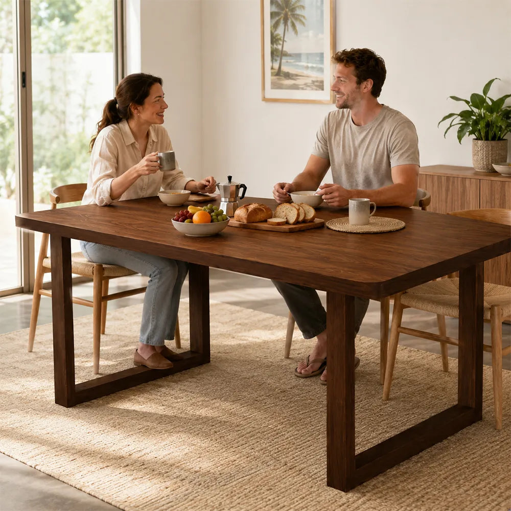 LIVARA 140/160cm Solid New Zealand Pine Wood Dining Table, Modern Rectangular Kitchen Table with 5cm Thick Top and U Shaped Wooden Legs - Walnut