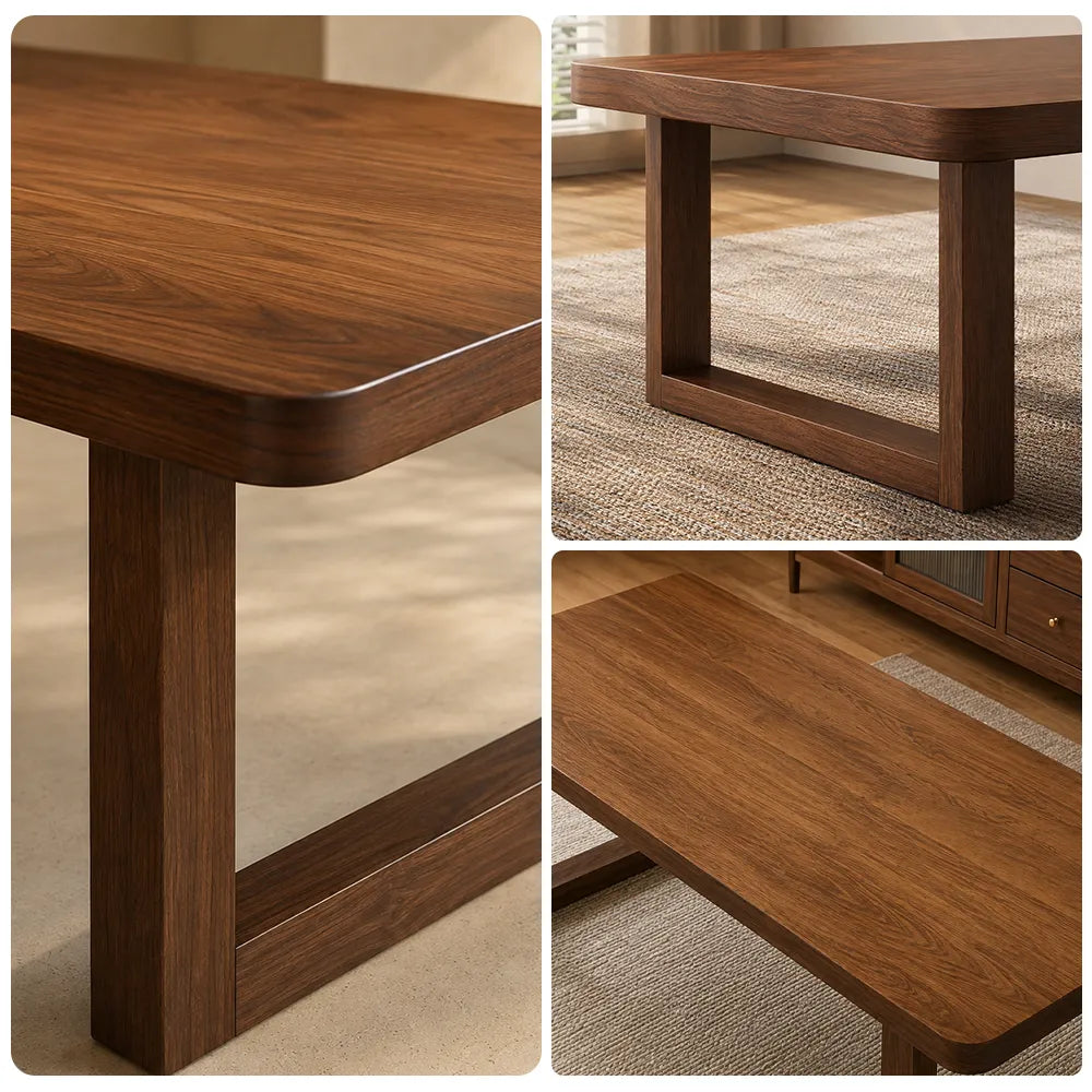 LIVARA 140/160cm Solid New Zealand Pine Wood Dining Table, Modern Rectangular Kitchen Table with 5cm Thick Top and U Shaped Wooden Legs - Walnut
