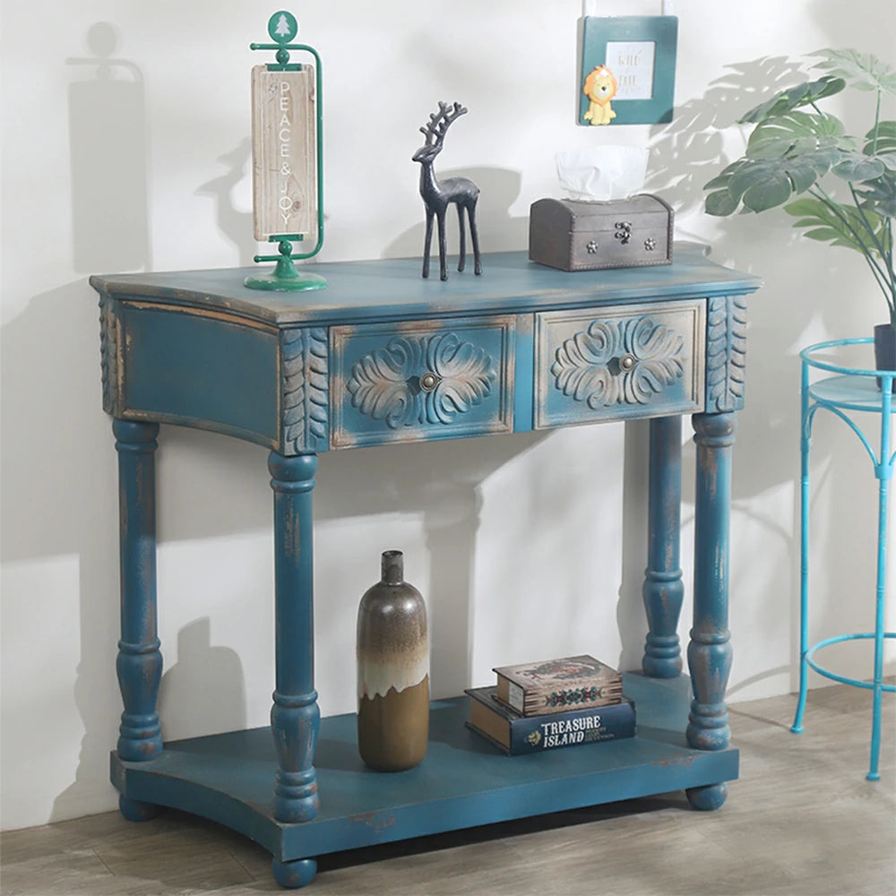 LIVARA Vintage Carved Console Table with Drawers Solid Wood MDF Distressed Blue Entryway Storage Table with Shelf