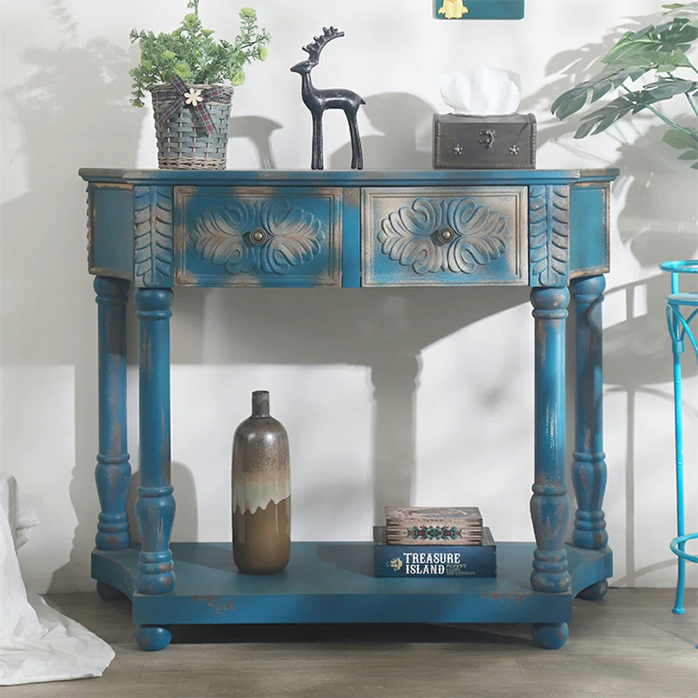 LIVARA Vintage Carved Console Table with Drawers Solid Wood MDF Distressed Blue Entryway Storage Table with Shelf