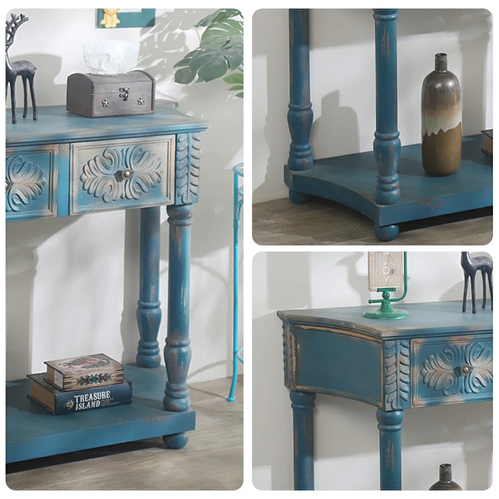 LIVARA Vintage Carved Console Table with Drawers Solid Wood MDF Distressed Blue Entryway Storage Table with Shelf