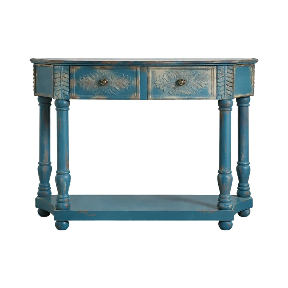 LIVARA Vintage Carved Console Table with Drawers Solid Wood MDF Distressed Blue Entryway Storage Table with Shelf