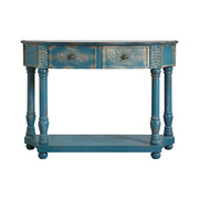 LIVARA Vintage Carved Console Table with Drawers Solid Wood MDF Distressed Blue Entryway Storage Table with Shelf