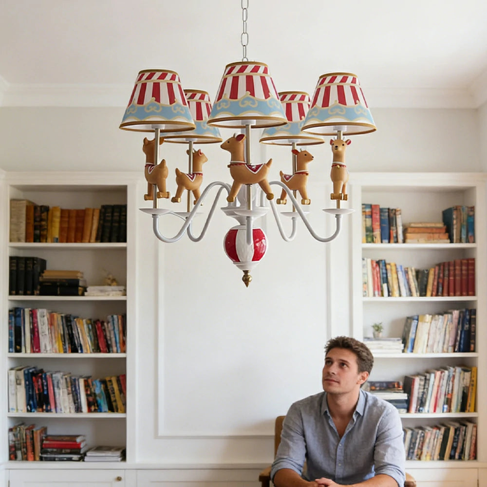 LIVARA Vintage Chandelier Reindeer Design LED Bulb Included Fabric Shade Elegant Style for Bedroom Dining Living Room