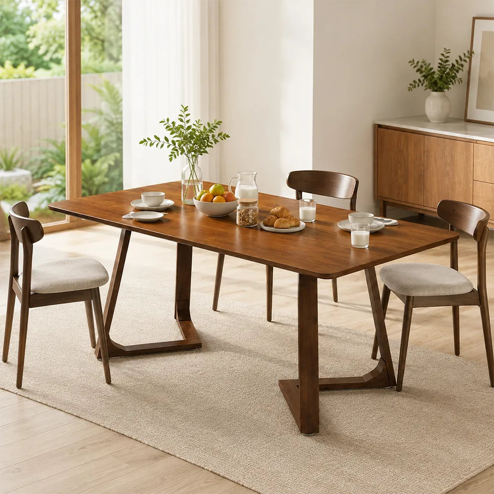LIVARA 140/150cm Walnut Solid Rubberwood Dining Table, Modern Rectangular Kitchen Table with Stylish V-Shaped Wooden Legs - Walnut