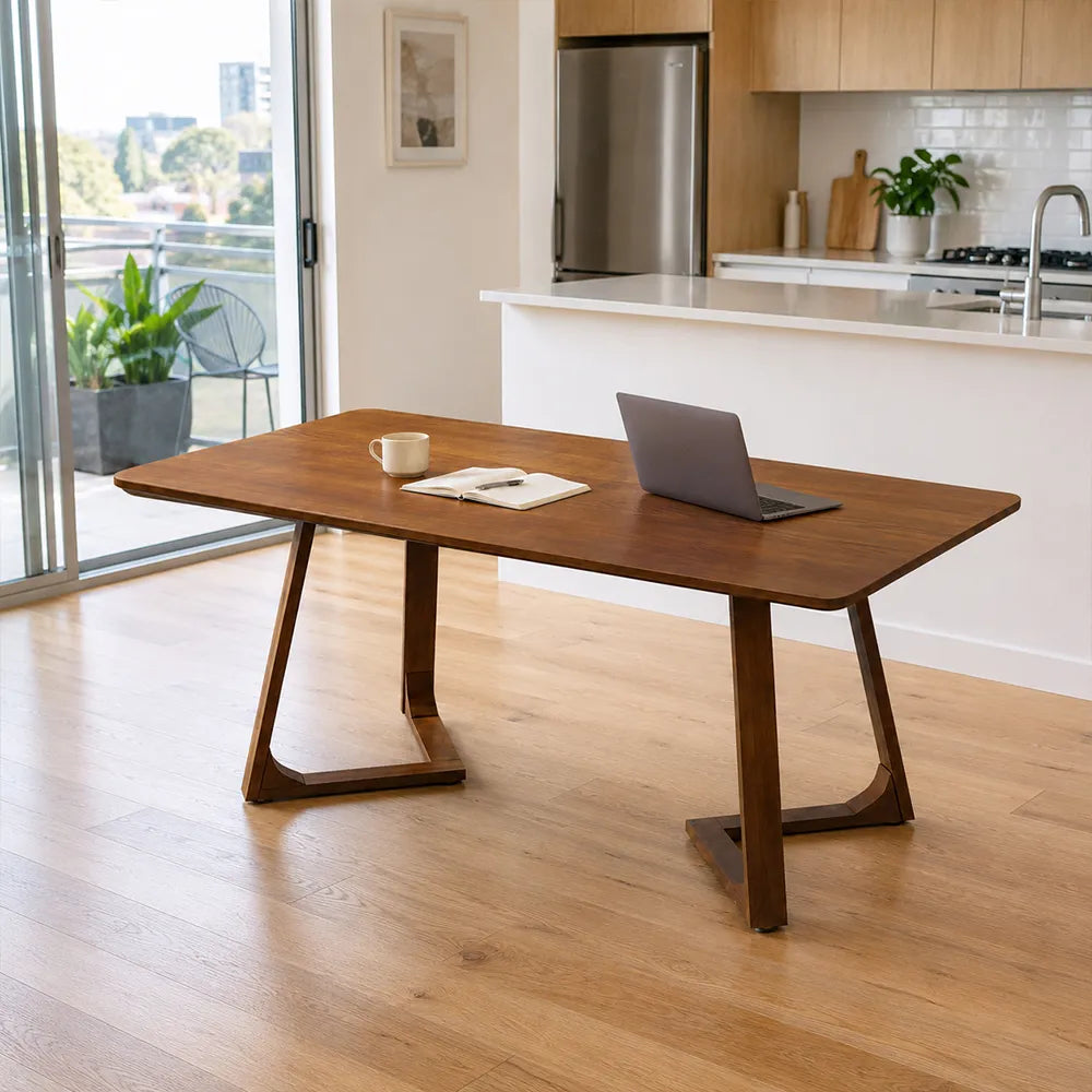 LIVARA 140/150cm Walnut Solid Rubberwood Dining Table, Modern Rectangular Kitchen Table with Stylish V-Shaped Wooden Legs - Walnut