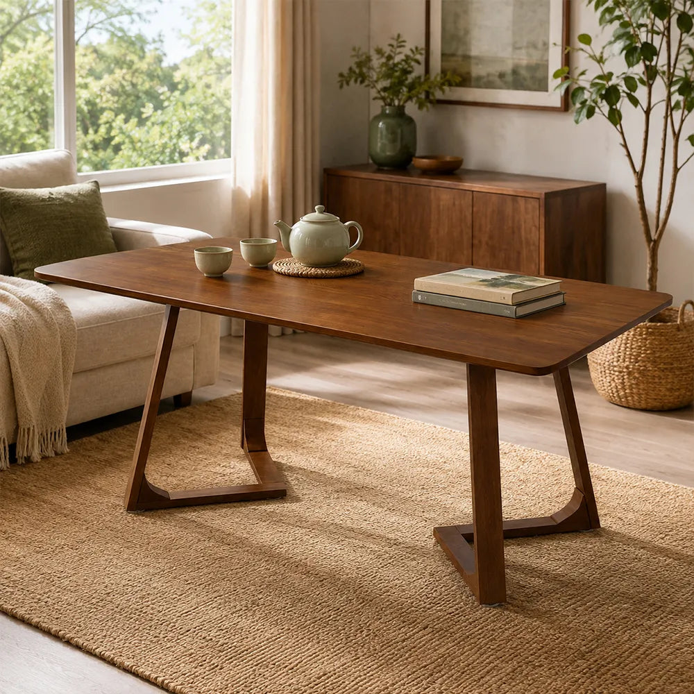 LIVARA 140/150cm Walnut Solid Rubberwood Dining Table, Modern Rectangular Kitchen Table with Stylish V-Shaped Wooden Legs - Walnut