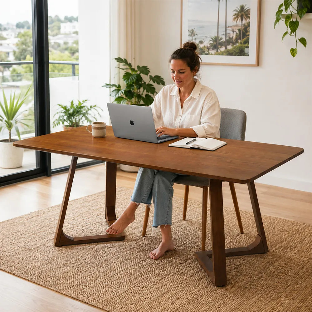 LIVARA 140/150cm Walnut Solid Rubberwood Dining Table, Modern Rectangular Kitchen Table with Stylish V-Shaped Wooden Legs - Walnut