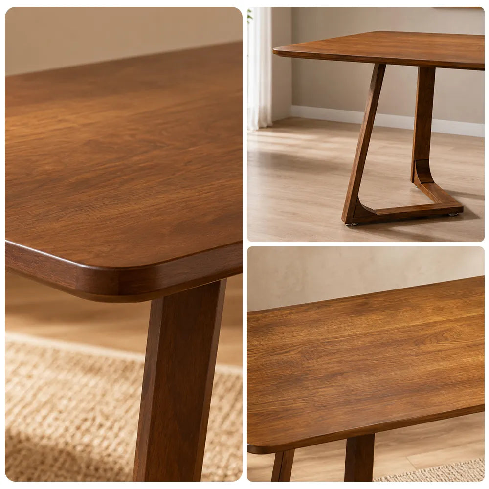 LIVARA 140/150cm Walnut Solid Rubberwood Dining Table, Modern Rectangular Kitchen Table with Stylish V-Shaped Wooden Legs - Walnut