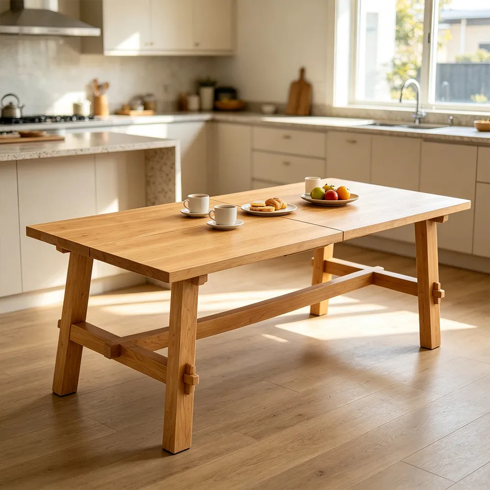 LIVARA 140/160cm Solid New Zealand Pine Wood Dining Table, Modern Rectangular Kitchen Table with 5cm Thick Top and Reinforced Wooden Legs - Natural